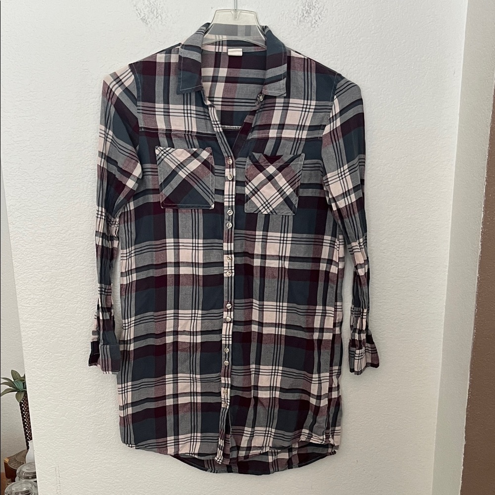 Wild Pearl Plaid Button-Up Shirt in Maroon and Gray